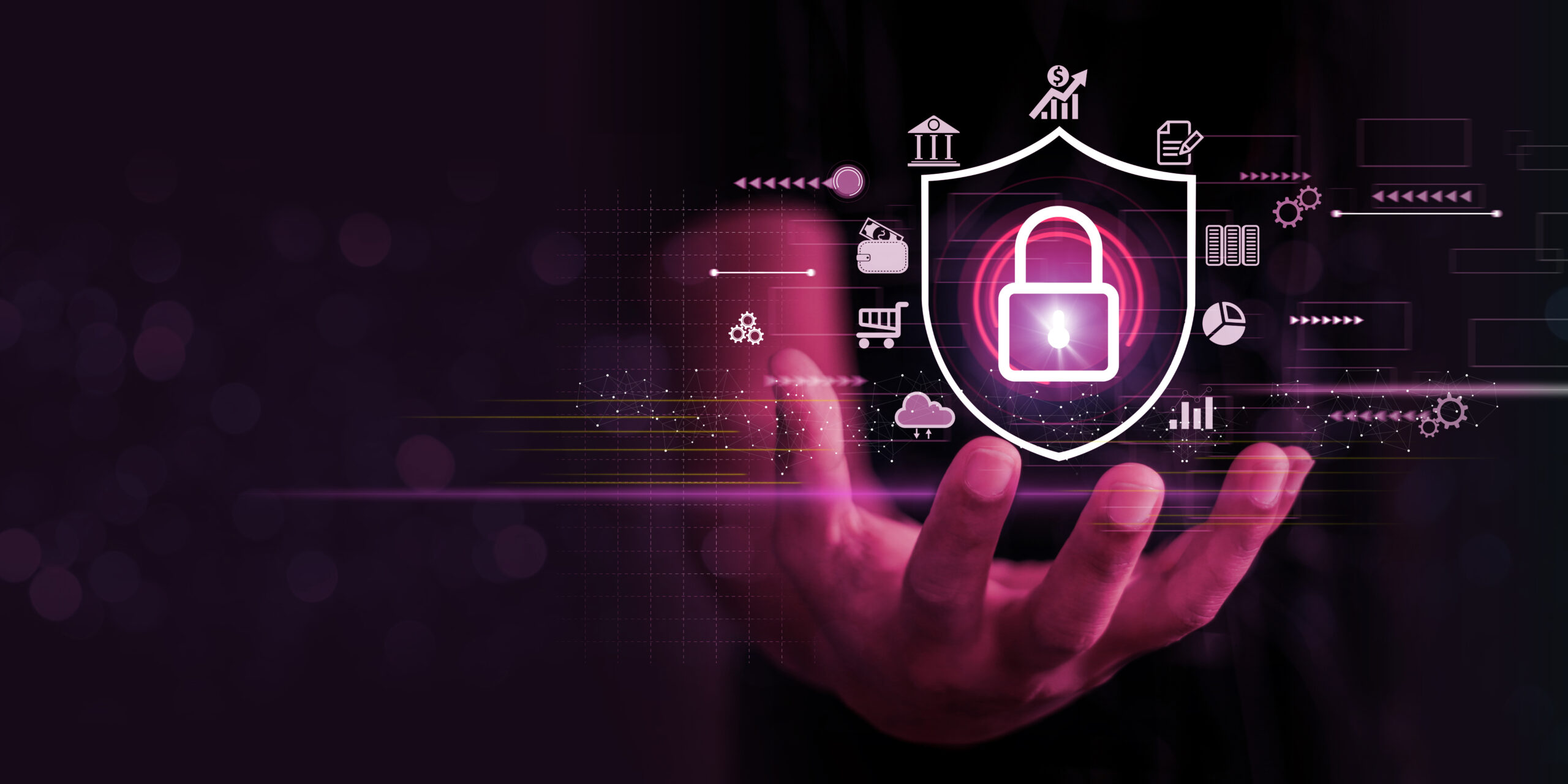 Businessman holding shield protect icon. Protection network secu